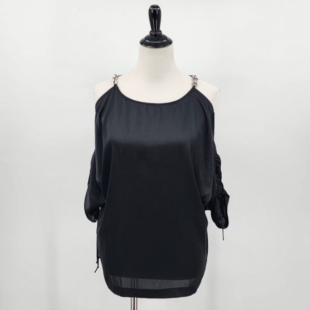 Michael Kors Black Silky Semi-sheer Cold Shoulder Top w/ Metal Chain Size S